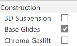 Screenshot of instance options controlling the seat support frame and glides.